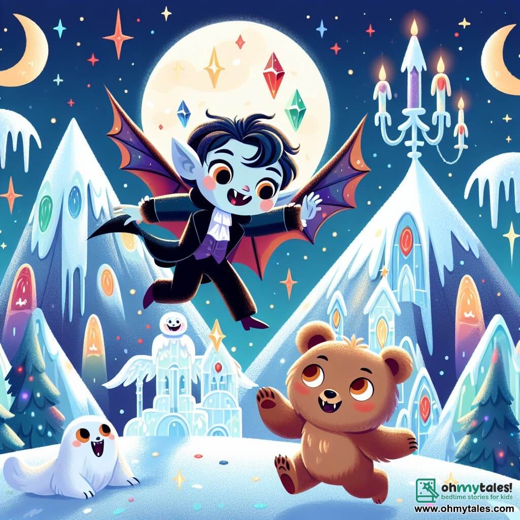 Une illustration sous forme de dessin destinée aux enfants représentant un sommet de montagne enneigé, scintillant sous la lumière de la lune, où un vampire amical aux ailes délicates et aux yeux pétillants de curiosité, flottant joyeusement dans les airs, est entouré d'une petite ourse brune au pelage doux, qui regarde émerveillée les créatures magiques dans un paysage féerique, tandis qu'ils s'apprêtent à explorer ensemble ce monde enchanté rempli de sculptures de glace colorées et de lumières scintillantes.