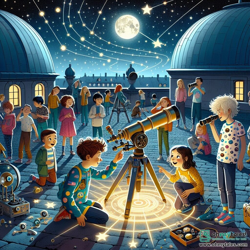 An illustration depicts a group of children gathered on the roof of an old observatory, surrounded by telescopes and rocket models. The starry sky is dotted with shimmering constellations, and a bright moon illuminates the scene. In the center, a 10-year-old girl with curly brown hair, wearing a colorful spacesuit, looks in wonder through a telescope. Beside her, a 10-year-old boy with spiky blonde hair, dressed in a planet-patterned t-shirt, adjusts a rocket model, his face lit up with excitement. In the background, other children, boys and girls, are gathered, all captivated by a strange star-shaped object softly glowing on a table, projecting holograms of galaxies and mysterious symbols. The atmosphere is filled with curiosity and adventure, with bursts of laughter and exclamations of wonder as the children prepare to communicate with aliens to save a distant planet.