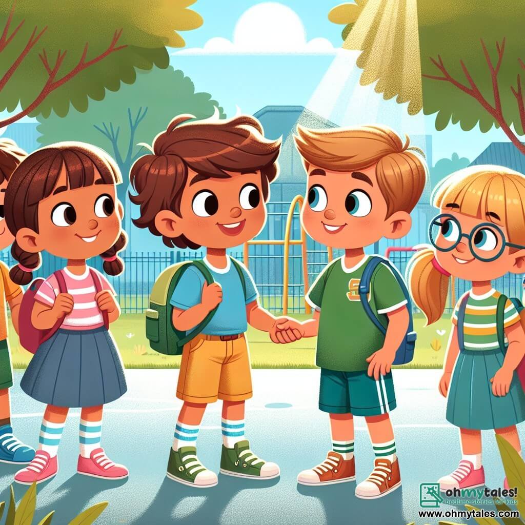 An illustration depicts a sunny schoolyard surrounded by lush trees and colorful playground equipment. In the center, a group of four children stands together: a 10-year-old boy with curly brown hair and a big smile, wearing a blue t-shirt and yellow shorts, reaching out to a new friend. Next to him is a 9-year-old girl with a red backpack and long braided hair, looking at the newcomer with a friendly expression. Another 10-year-old boy, quick and agile, has short blonde hair, wears a green sports jersey, and seems ready to run. Finally, a 9-year-old girl with glasses and brown hair in a ponytail stands near the newcomer, showing a supportive expression. 

The main scene shows the group of children surrounding a shy boy with glasses, who stands slightly apart, visibly nervous. The children's faces express determination and kindness, while the shy boy shows a slight smile, touched by their welcome. In the background, some older kids seem to mock, but the group of young friends focuses on inclusion and solidarity. Colorful bracelets with the inscription "Choose Kindness" are visible on the children's wrists, symbolizing their commitment to combating bullying.