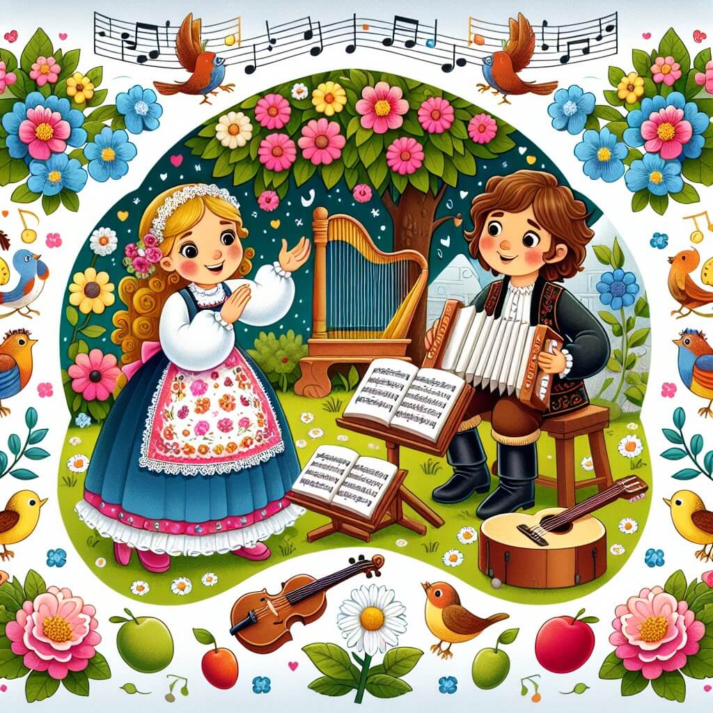 Une illustration destinée aux enfants représentant une jeune femme mélodieuse, entourée d'instruments de musique, qui rencontre un voisin bienveillant et célèbre producteur de musique, dans un jardin fleuri avec des arbres fruitiers et des oiseaux chantants.