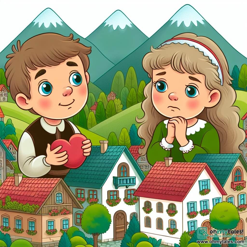 Une illustration destinée aux enfants représentant un garçon au cœur généreux, une jeune fille triste, une petite ville pittoresque bordée de collines verdoyantes et de maisons modestes.