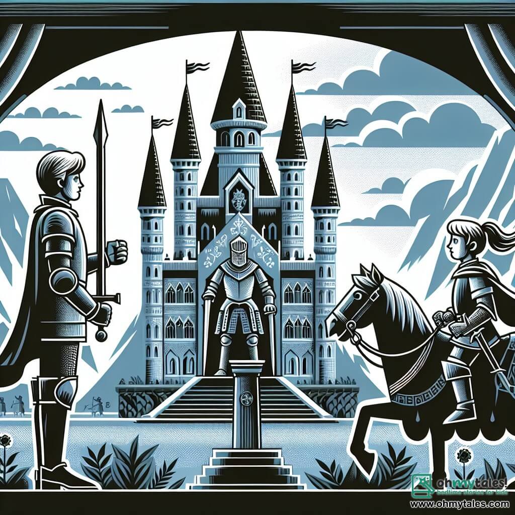 Une illustration destinée aux enfants représentant un courageux chevalier affrontant un tyran dans un château majestueux aux tours pointues, avec un jeune écuyer à ses côtés, dans le royaume enchanté d'Ardenia.