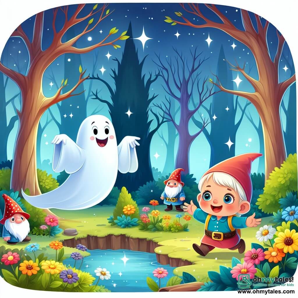 Une illustration destinée aux enfants représentant un fantôme joyeux explorant une forêt enchantée avec une petite fille curieuse, entourés d'arbres majestueux aux branches effleurant le ciel, des fleurs multicolores éparpillées sur le sol et un étang étincelant où se trouve un adorable gnome gardien.