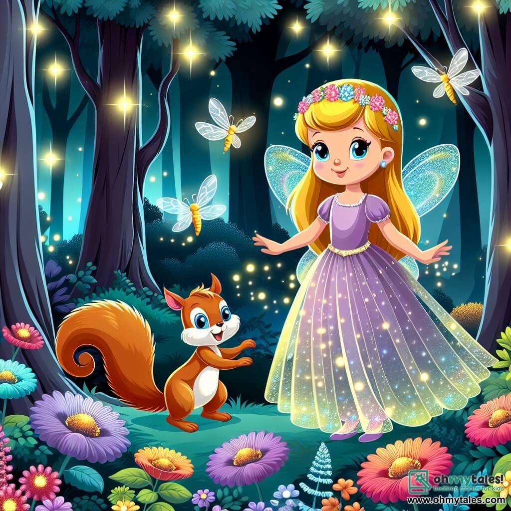 Une illustration destinée aux enfants représentant une fée lumineuse, perdue dans une sombre forêt enchantée, accompagnée d'un joyeux écureuil aux yeux pétillants, dans un paysage où les arbres majestueux se courbent doucement sous le poids des fleurs multicolores et où des lucioles dansent dans l'air scintillant.