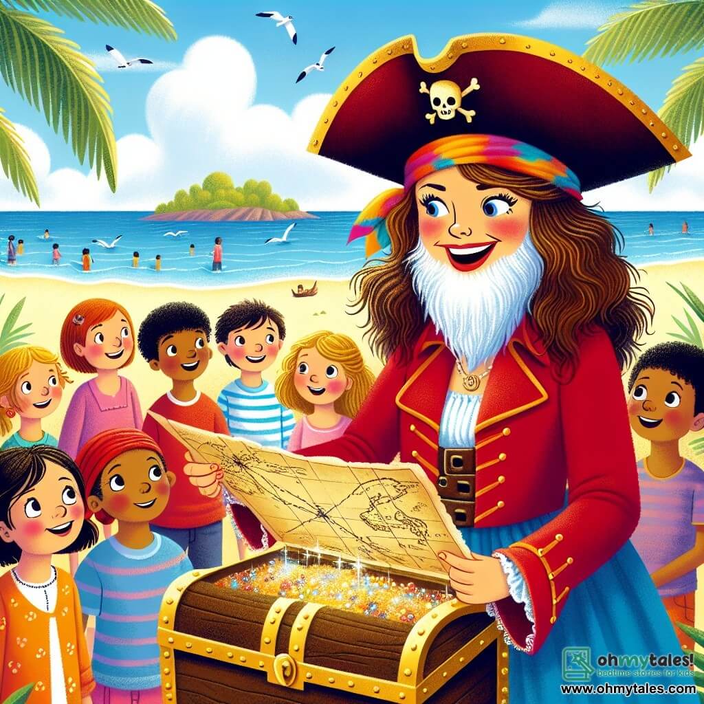 Une illustration sous forme de dessin destinée aux enfants représentant une plage ensoleillée avec des palmiers et un ciel bleu, où une femme pirate au long manteau rouge et au bandana coloré, avec une barbe blanche et un sourire chaleureux, tient une vieille carte au trésor, entourée de plusieurs enfants, garçons et filles aux yeux brillants et aux vêtements colorés, qui regardent avec émerveillement la carte, tandis qu'un grand coffre doré rempli de bijoux scintillants est à leurs pieds, le tout évoquant l'esprit d'aventure et de camaraderie.