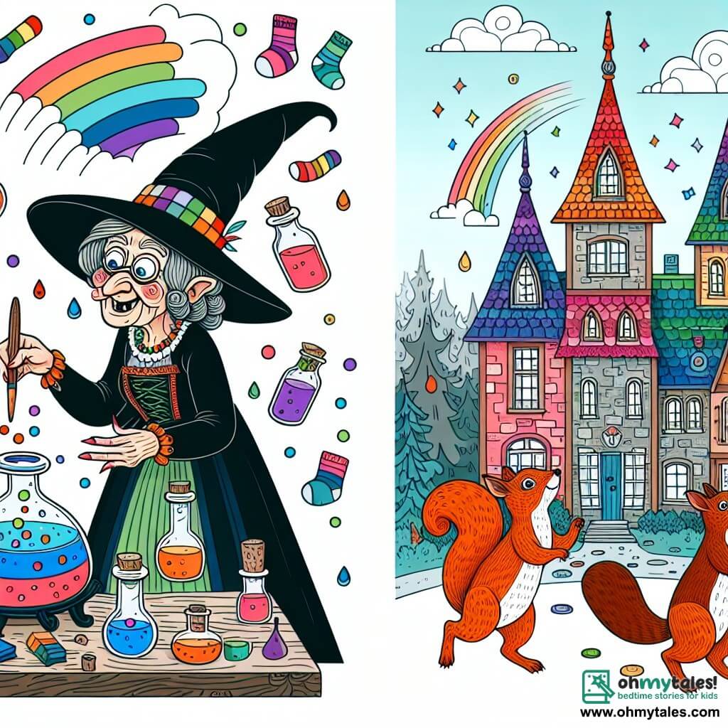 Une illustration destinée aux enfants représentant une sorcière excentrique concoctant une potion magique qui fait danser des chaussettes colorées, accompagnée d'un écureuil espiègle, dans un village enchanteur aux maisons peintes de toutes les couleurs de l'arc-en-ciel.