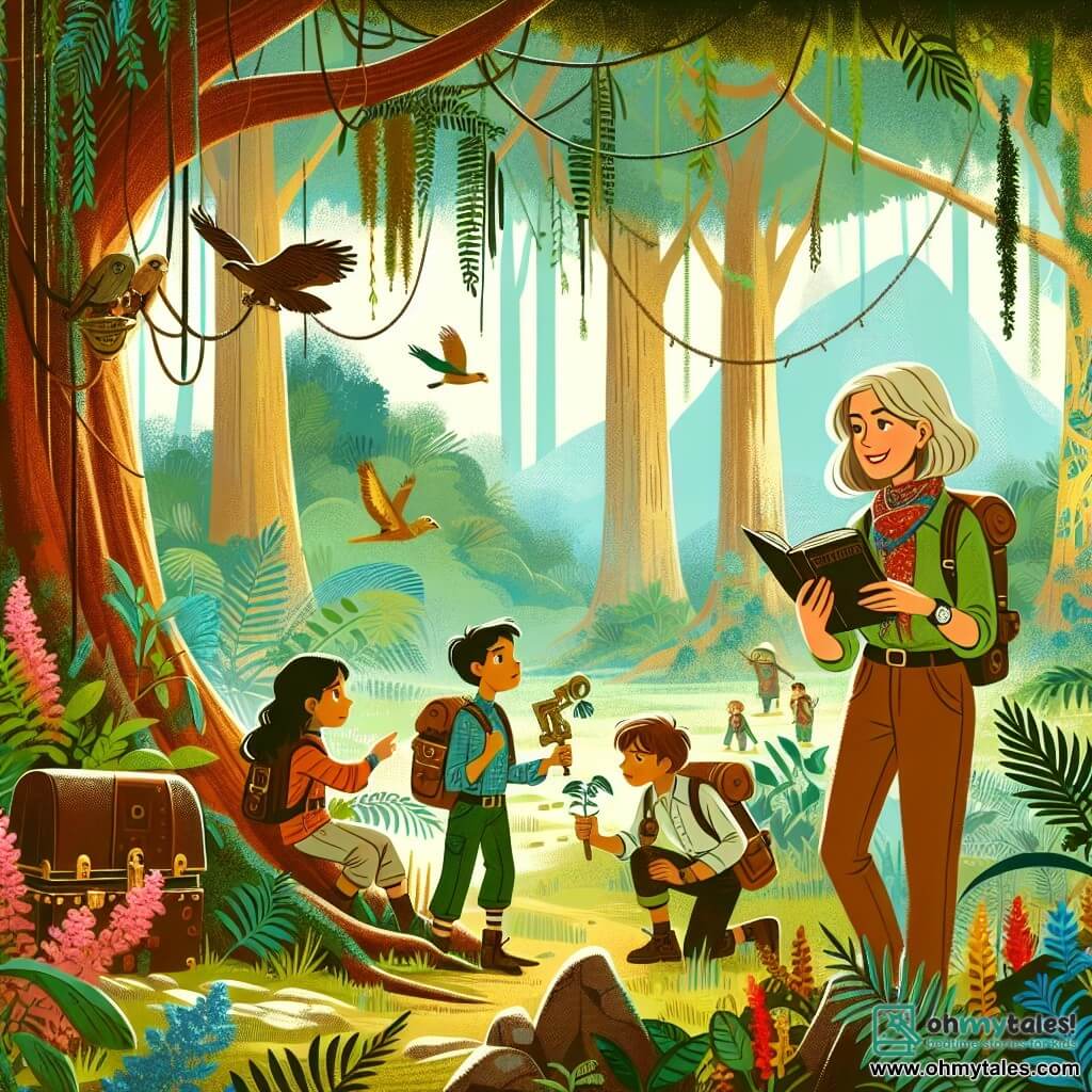 Une illustration destinée aux enfants représentant une femme archéologue passionnée découvrant un mystérieux trésor avec l'aide de jeunes aventuriers dans une ancienne forêt enchantée aux arbres majestueux et aux chants d'oiseaux mélodieux.