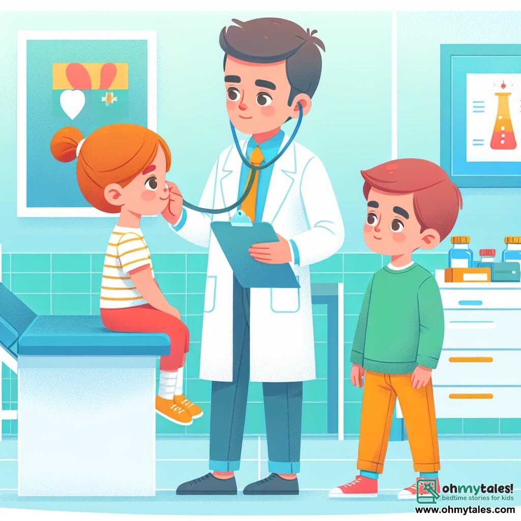 Une illustration destinée aux enfants représentant un médecin homme bienveillant examinant un garçon et une fille curieux dans sa clinique lumineuse et colorée.