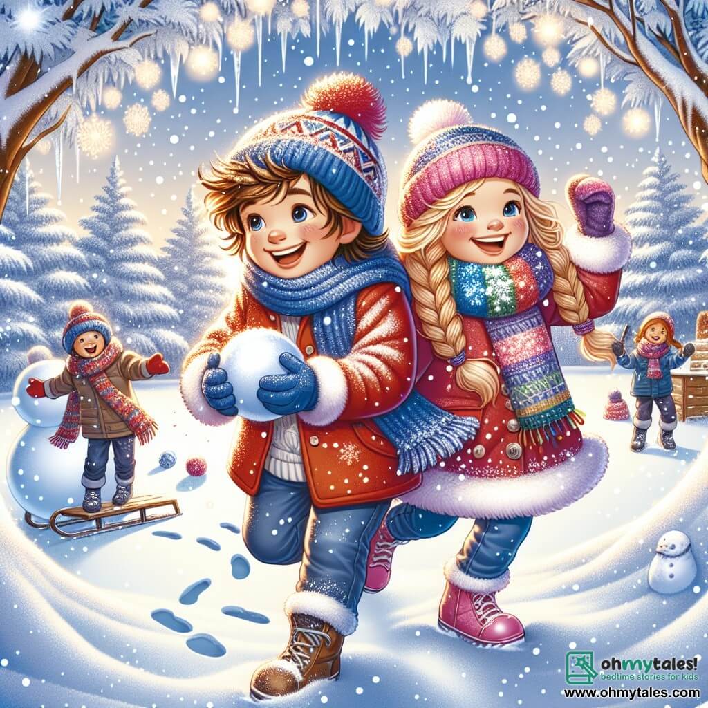 An illustration depicting a cheerful winter scene in a snowy park. The ground is covered with a thick layer of sparkling snow, while trees with snow-laden branches surround the area, creating a magical setting. In the center, an 11-year-old boy with messy brown hair wears a bright red coat and a blue wool hat. He is laughing heartily, holding a snowball ready to throw. Next to him, a 10-year-old girl with long braided blonde hair and rosy cheeks from the cold wears a colorful scarf and matching gloves. She is smiling, ready to join a snowball fight. The scene shows the two children in action, surrounded by snowflakes gently falling from the sky. In the background, other children are having fun building a snowman, adding to the festive and joyful atmosphere of this winter day. Footprints in the snow lead to a small colorful sled, ready for new adventures.