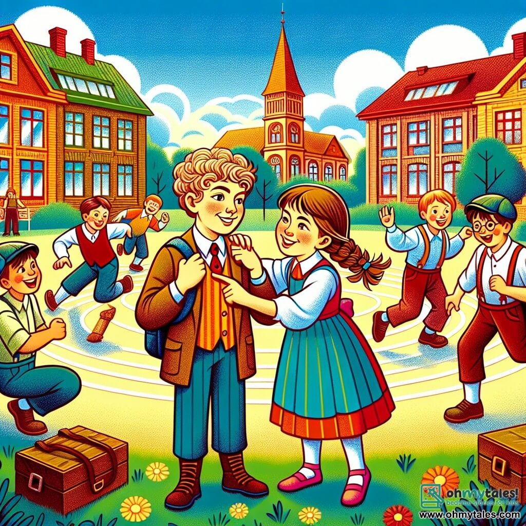Une illustration destinée aux enfants représentant un garçon, victime de moqueries par un groupe de garçons, avec une fille courageuse et chaleureuse à ses côtés, se déroulant dans une cour d'école colorée et animée par des jeux et des rires.