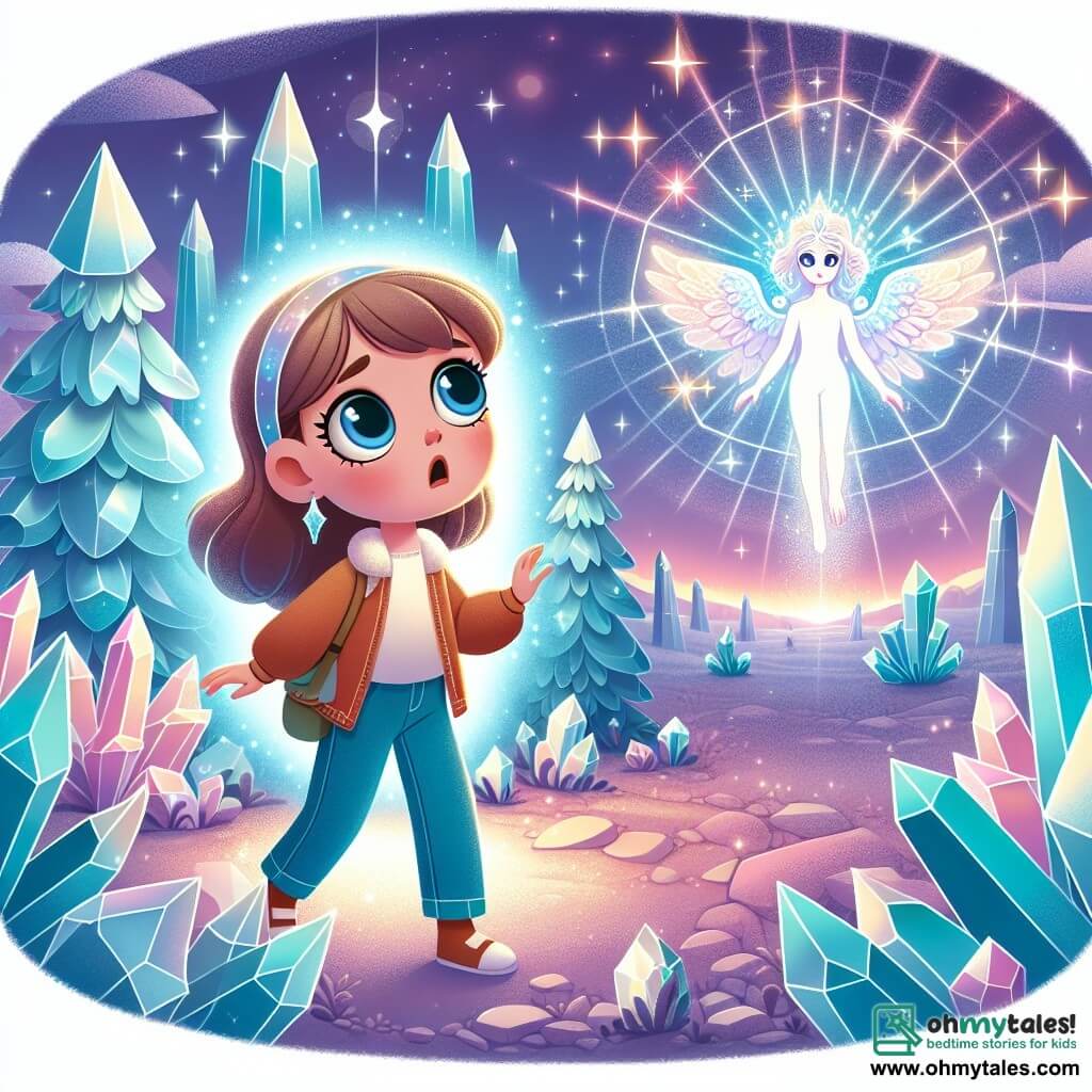 Une illustration destinée aux enfants représentant une jeune fille aux grands yeux curieux découvrant un portail scintillant dans une clairière enchantée, accompagnée d'un être lumineux aux ailes de lumière, sur une planète lointaine aux arbres de cristal scintillants et un ciel lavande.