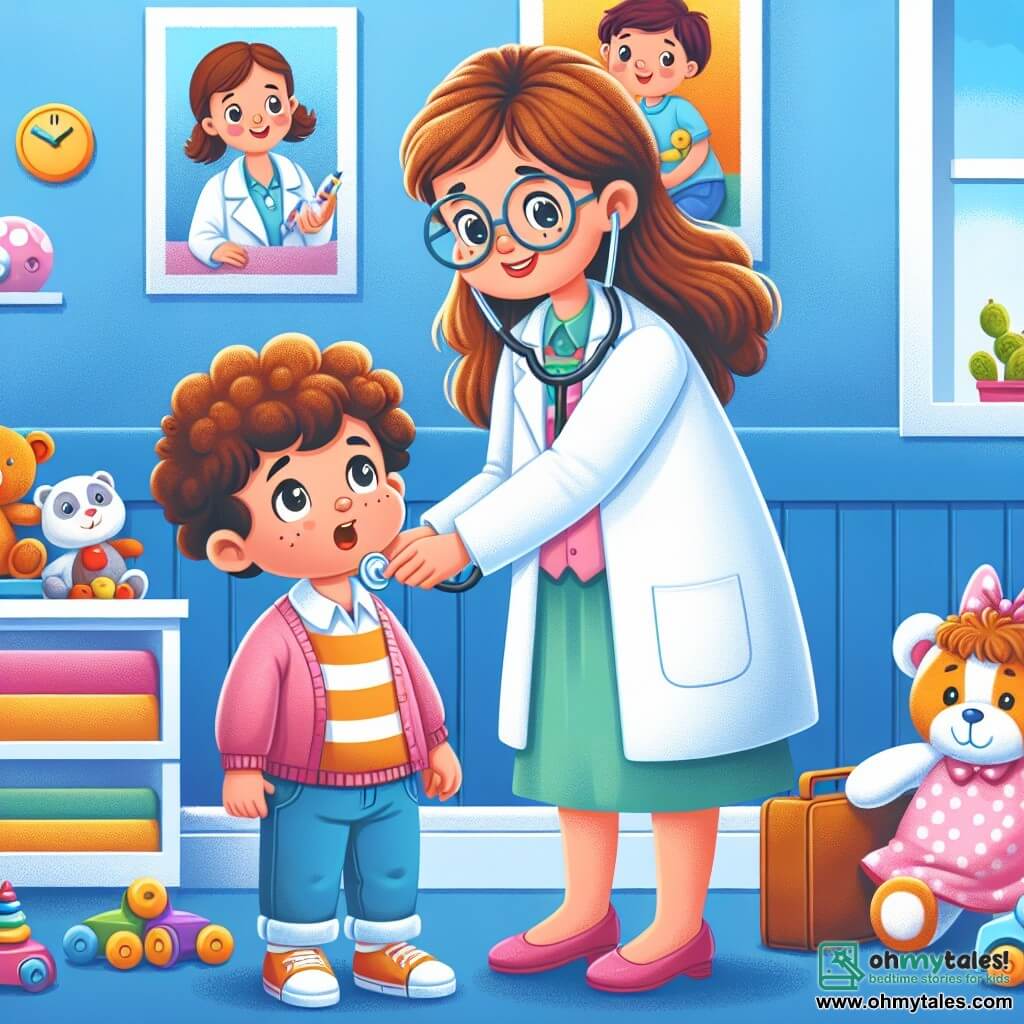 Une illustration sous forme de dessin destinée aux enfants représentant une salle d'hôpital lumineuse et colorée, avec des murs peints en bleu et des affiches de personnages souriants, où une femme médecin au sourire chaleureux, portant une blouse blanche et des lunettes, examine un petit garçon aux yeux ronds et curieux qui a un léger mal de gorge, tandis qu'une petite fille aux cheveux bouclés et à la robe rose, avec un genou éraflé, regarde avec admiration, tous deux entourés de jouets et de peluches qui apportent une ambiance joyeuse et rassurante.