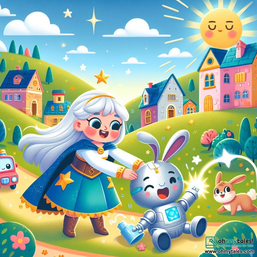 Une illustration sous forme de dessin destinée aux enfants représentant un paysage ensoleillé de Twinkle Town, avec des maisons colorées et des arbres scintillants, où une femme héroïque aux cheveux argentés et à la cape bleu étoilé utilise son pouvoir lumineux pour aider un robot rigolo aux formes arrondies et au visage souriant, qui roule en riant tout en essayant de se calmer après avoir trop bu de jus pétillant, tandis qu'un petit lapin aux grandes oreilles et au pelage doux, plein d'énergie, saute joyeusement à côté d'eux, créant une ambiance de camaraderie et d'aventure.
