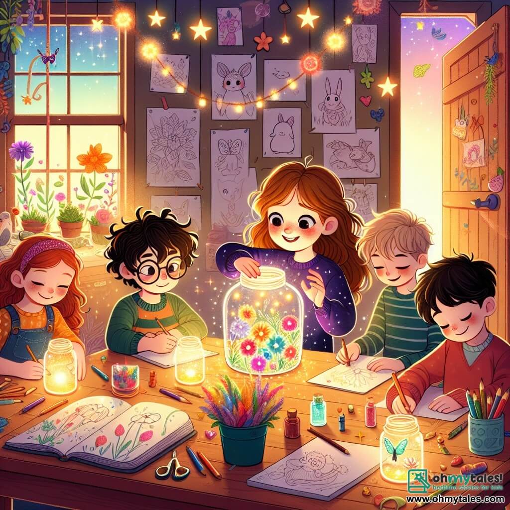 An illustration depicting a magical scene in a bright and colorful room filled with drawings of animals and flowers. In the center, a large wooden desk where a group of friends is working together. A 10-year-old boy with curly hair and a bright smile holds a pretty glass jar filled with colorful petals and sparkling light. Next to him, a 9-year-old girl with long brown hair passionately draws in a notebook, stars in her eyes. Another boy, aged 11, wearing glasses, carefully examines glowing mushrooms with a focused expression. Finally, a 10-year-old girl with short hair and a big smile gently places a small jar of light in the center of the table. The room is decorated with flower garlands and drawings of enchanted animals, creating a warm and joyful atmosphere. In the background, an open door reveals a blooming garden, symbolizing the upcoming Mother's Day celebration.
