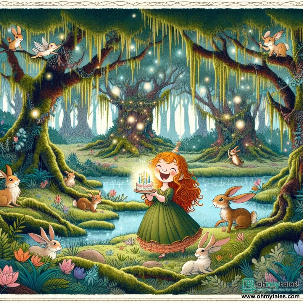 Une illustration destinée aux enfants représentant une fillette joyeuse fêtant son anniversaire avec des animaux magiques dans une forêt enchantée aux arbres couverts de mousse et aux étangs étincelants.