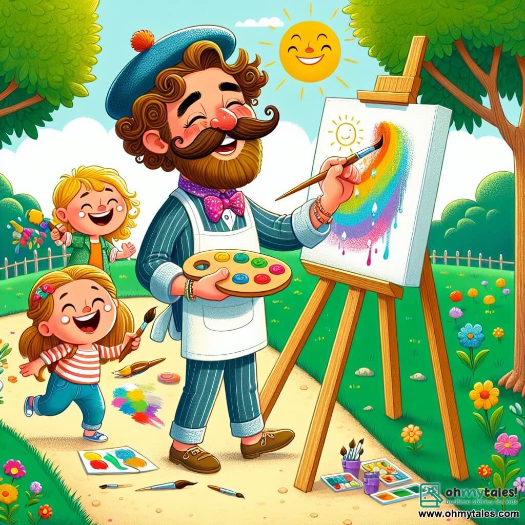 Une illustration sous forme de dessin destinée aux enfants représentant un parc ensoleillé de Sunnyvale, avec un homme joyeux aux cheveux bouclés et à la moustache colorée, portant un beret et une blouse de peintre, en train de peindre un grand tableau sur un chevalet, entouré de deux enfants, une fille aux cheveux longs et bruns tenant un pinceau et un garçon aux cheveux courts et blonds, tous deux riant et ajoutant des couleurs vives à la toile, tandis qu'un vent léger fait danser les feuilles des arbres et que des fleurs colorées bordent le chemin.