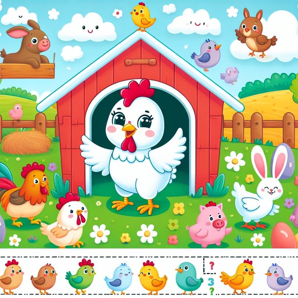 Une illustration destinée aux enfants représentant une poule espiègle et curieuse dans une ferme vibrante, entourée d'animaux joyeux, prête à vivre des aventures amusantes au-delà de son poulailler.