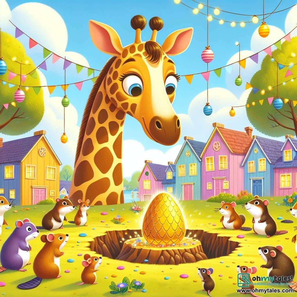 Illustration destinée aux enfants représentant un village coloré et animé, Critterville, avec des maisons en bois aux teintes pastel, des arbres aux feuilles éclatantes et un ciel bleu parsemé de nuages cotonneux. Au centre, une girafe au long cou, avec des taches dorées et brunes, se penche avec curiosité pour examiner un petit trou dans le sol, entourée de ses amis : un castor aux grandes dents blanches et un petit mulot aux yeux pétillants, tous deux regardant avec intérêt un trophée doré brillant qui a été découvert. La scène est remplie de joie et d'excitation, avec des décorations de festival flottant dans l'air, des ballons colorés et des animaux rassemblés autour, prêts à célébrer le début des jeux.