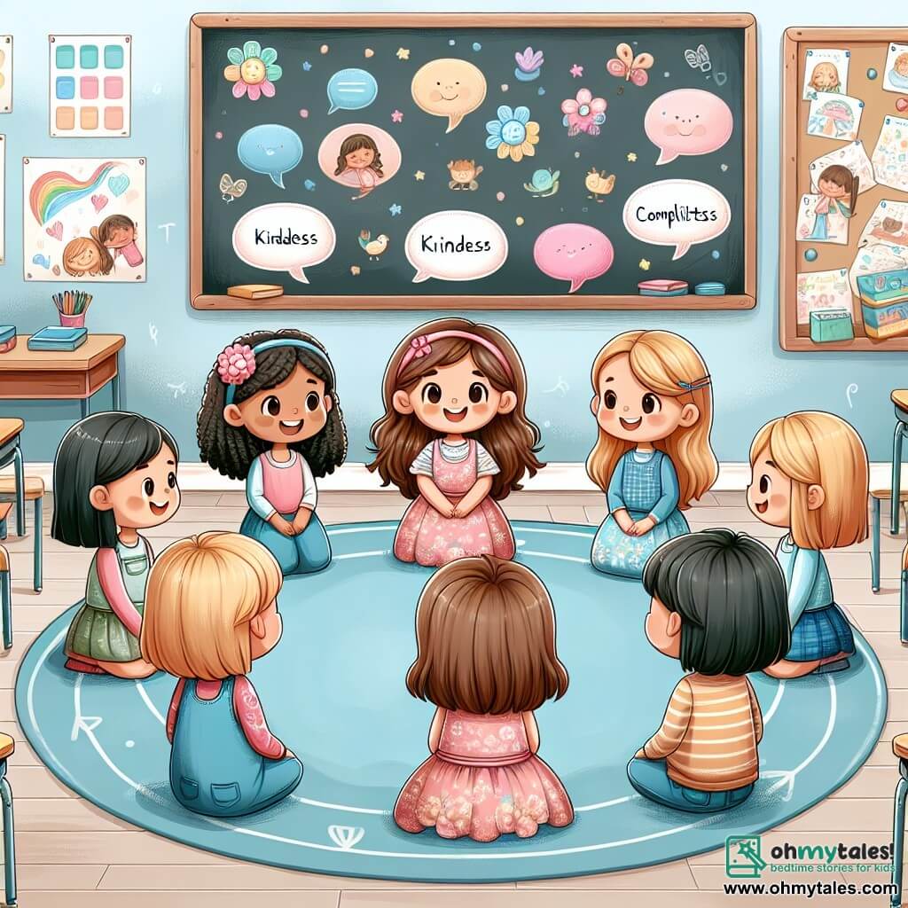 An illustration depicting a bright and colorful classroom with light blue walls and children's drawings on the walls. In the center, a round rug where students sit in a circle, surrounded by wooden desks. In this circle, an 8-year-old girl with curly brown hair, wearing a pink floral dress, smiles warmly. Next to her, another 8-year-old girl with long black hair in a blue dress looks on with a shy but happy expression. A bit further away, two girls from the same class, one with blonde hair and the other with brown hair, display expressions of surprise and contemplation, listening attentively. The main scene shows the children sharing kind words with each other, with colorful speech bubbles floating above their heads, illustrating compliments and encouragements. In the background, a blackboard with children's drawings and positive words about kindness creates a warm and welcoming atmosphere.