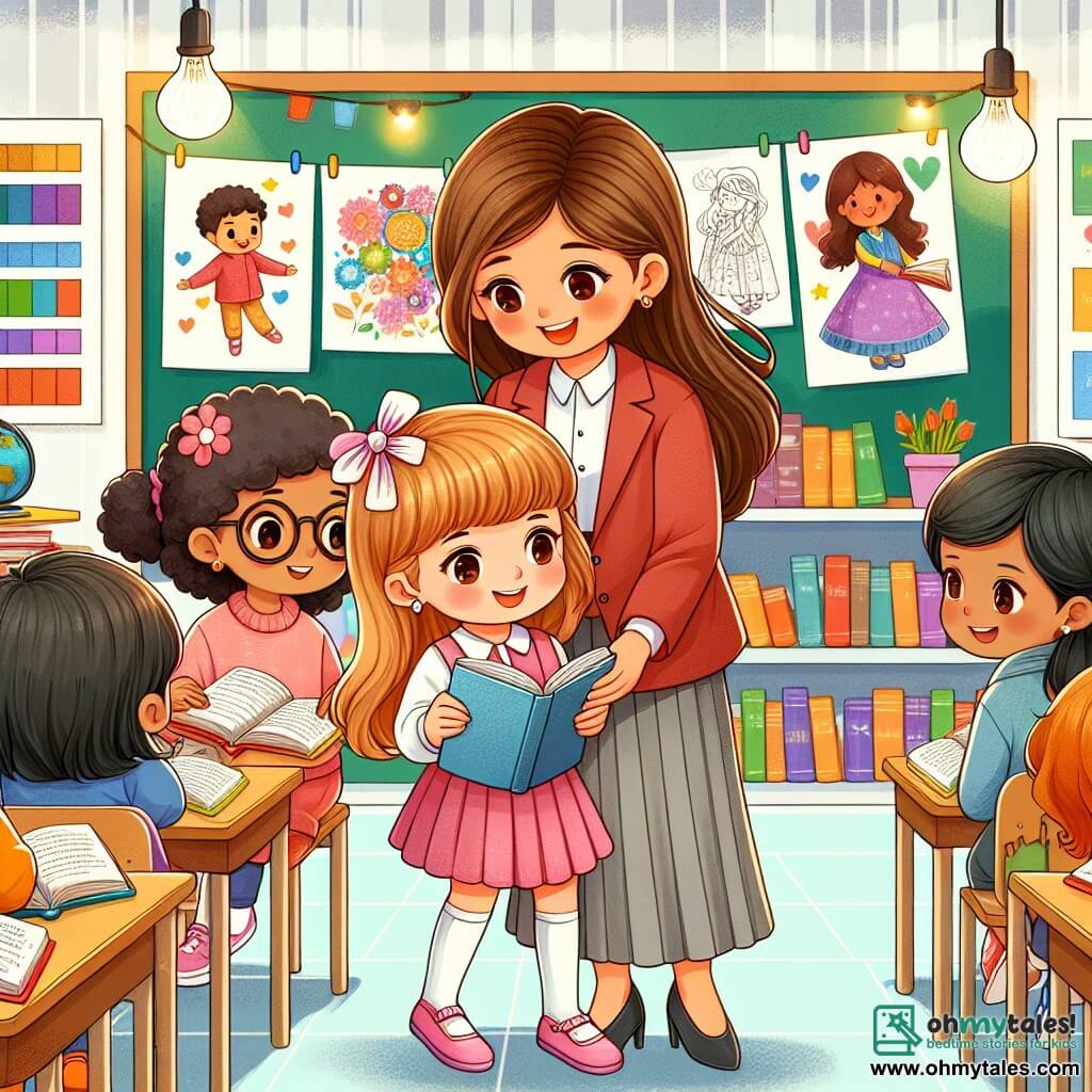 Une illustration destinée aux enfants représentant une petite fille, entourée de ses amis, faisant face à des difficultés de lecture à l'école, avec l'aide d'une nouvelle camarade, dans une salle de classe lumineuse et colorée remplie de livres et de dessins accrochés aux murs.
