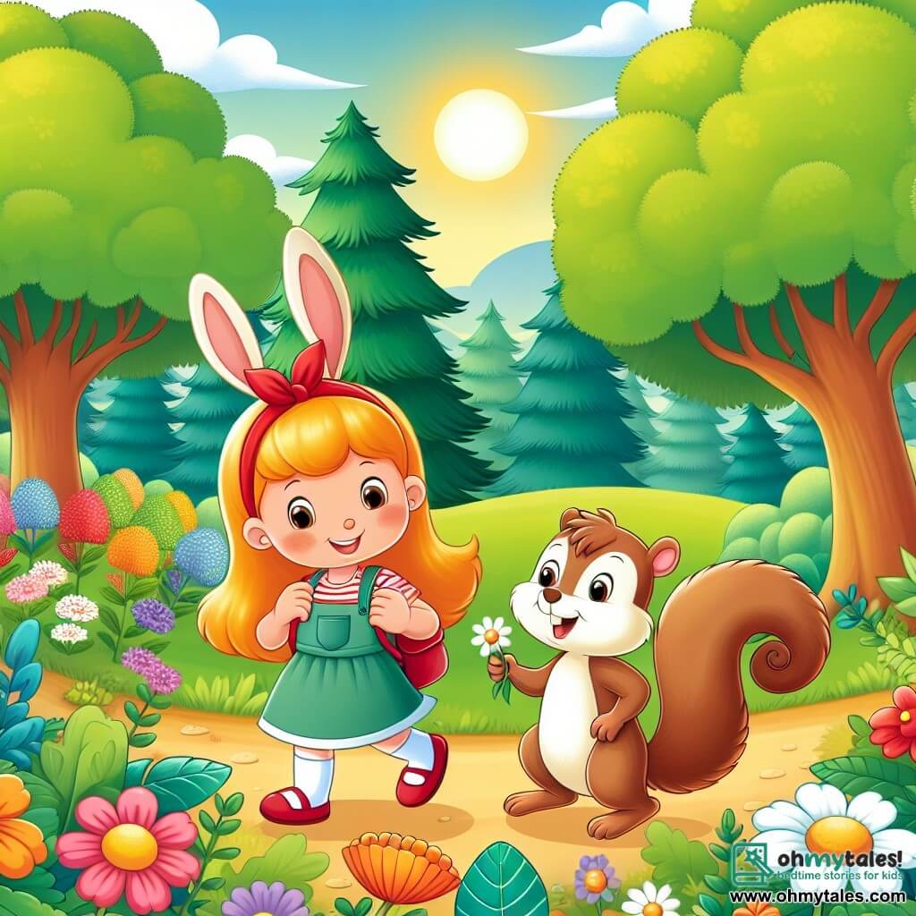 Une illustration destinée aux enfants représentant un lapin fillette, une aventure en forêt avec un écureuil malicieux, dans une clairière ensoleillée entourée de grands arbres verdoyants et de fleurs colorées.