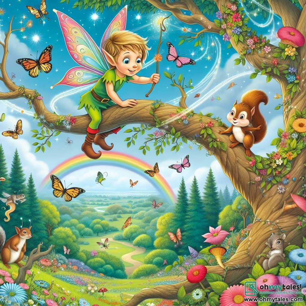 Une illustration destinée aux enfants représentant un lutin espiègle, naviguant à travers les branches d'un arbre enchanté, avec un écureuil farceur comme personnage secondaire, dans un paysage féerique de Fairytopia, rempli de fleurs colorées, de papillons virevoltants et d'un arc-en-ciel brillant dans le ciel.