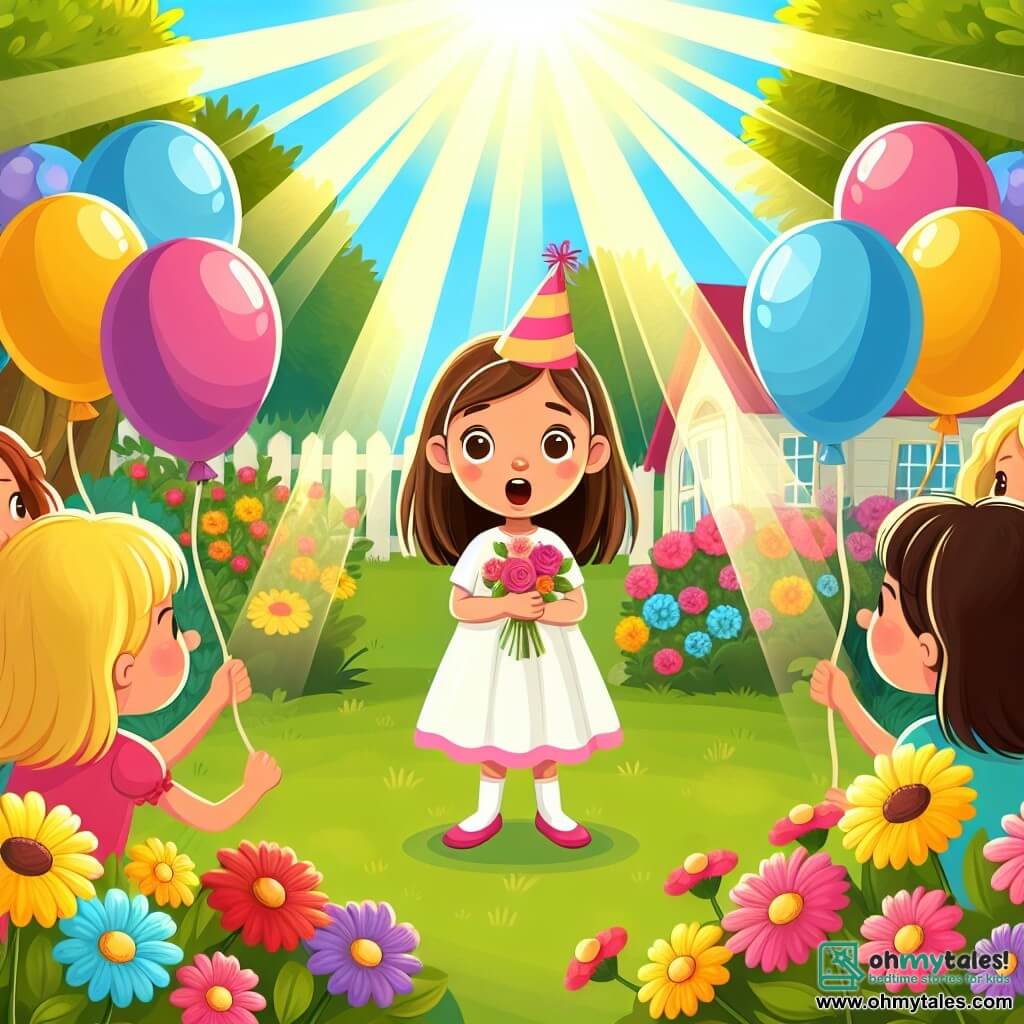 Une illustration destinée aux enfants représentant une petite fille émerveillée lors de sa fête d'anniversaire, entourée de ballons colorés et de ses amis, dans un jardin ensoleillé rempli de fleurs et d'arbres verdoyants.