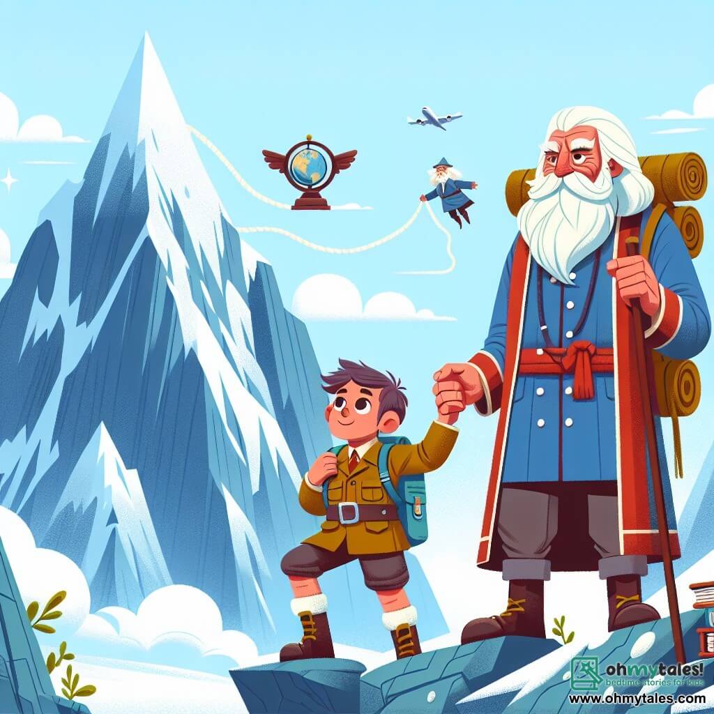 Une illustration destinée aux enfants représentant un courageux explorateur, accompagné d'un sage professeur, escaladant un imposant et mystérieux sommet enneigé.