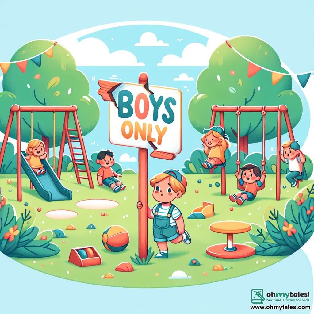Une illustration destinée aux enfants représentant un petit garçon curieux et aventureux, entouré de ses amis, découvrant une pancarte cassée indiquant "Réservé aux garçons" dans un parc ensoleillé rempli de balançoires, d'un toboggan et d'une aire de jeux.