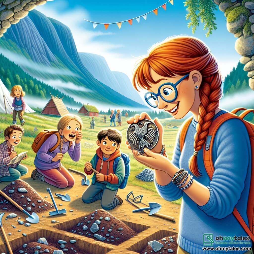 Une illustration sous forme de dessin destinée aux enfants représentant un site archéologique en plein air dans une vallée norvégienne brumeuse, avec une femme aux cheveux roux attachés en queue de cheval, portant des lunettes et un sac à dos bleu, qui s'agenouille avec enthousiasme pour examiner un ancien bijou en argent en forme de corbeau, tandis qu'un garçon aux cheveux bruns et aux lunettes, ainsi qu'une fille aux cheveux blonds et aux tresses, se penchent curieusement pour observer les découvertes, entourés de fouilles de terre et d'outils d'archéologie, le tout sous un ciel ensoleillé qui illumine leur aventure.