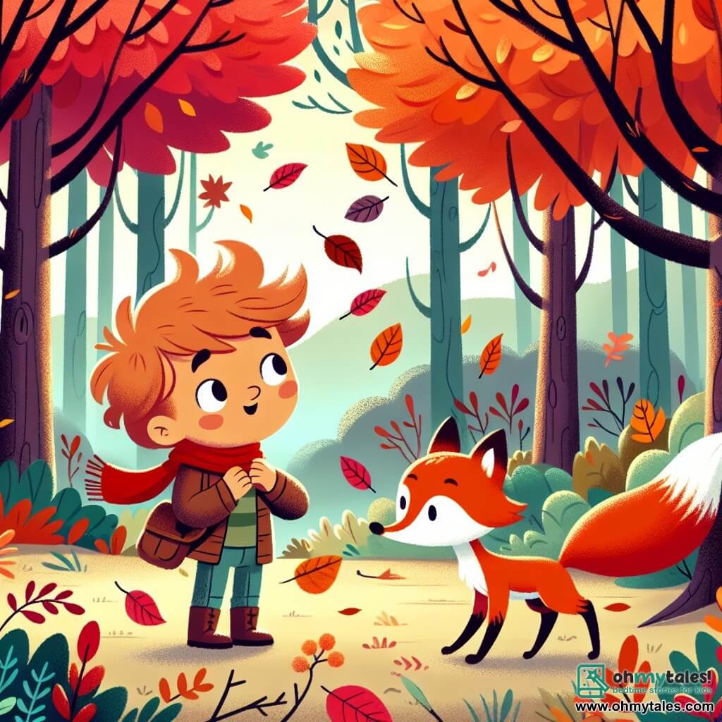 Une illustration destinée aux enfants représentant un petit garçon émerveillé par les couleurs de l'automne, faisant la rencontre d'un renard malicieux, dans une forêt enchantée aux arbres aux feuilles rouges, oranges et jaunes qui dansent au vent.