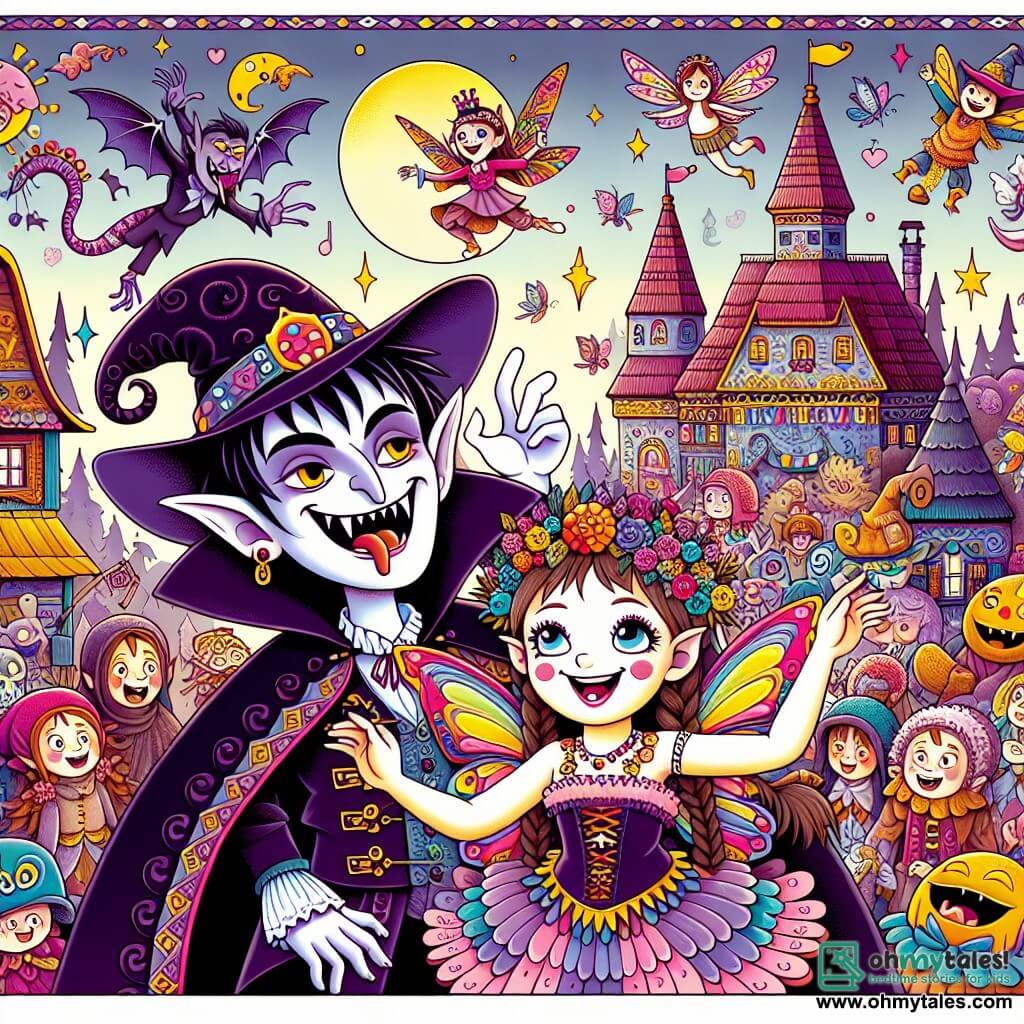Une illustration destinée aux enfants représentant un vampire farceur avec un sourire espiègle, se trouvant dans un village coloré rempli de créatures rigolotes, accompagné d'une fée joyeuse aux ailes violettes, prêt à semer la joie et l'éclat de rire partout où il passe.