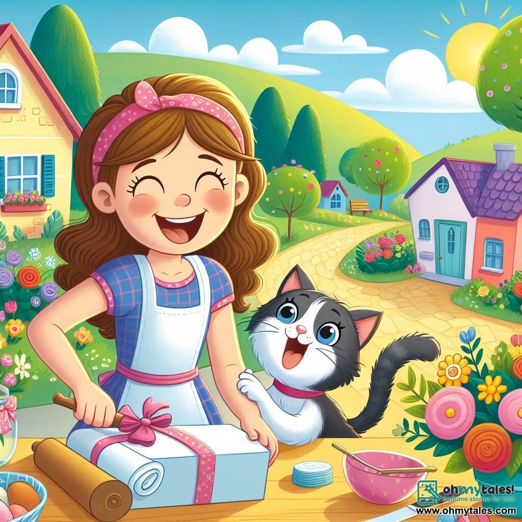 Une illustration destinée aux enfants représentant une fillette joyeuse préparant une surprise pour sa maman, avec l'aide d'un chat malicieux, dans une petite ville ensoleillée remplie de maisons colorées et de jardins fleuris.