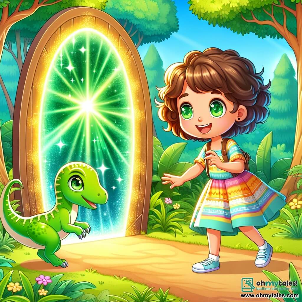 Une illustration sous forme de dessin destinée aux enfants représentant une forêt verdoyante et ensoleillée, où une fille de 7 ans aux cheveux bouclés et aux yeux verts pétillants, vêtue d'une robe colorée, crouche joyeusement près d'un mystérieux portail brillant en forme de porte, tandis qu'un petit dinosaure vert, un Velociraptor aux yeux curieux, s'approche d'elle avec un air amical, illustrant leur rencontre magique et le début de leur aventure dans le temps.
