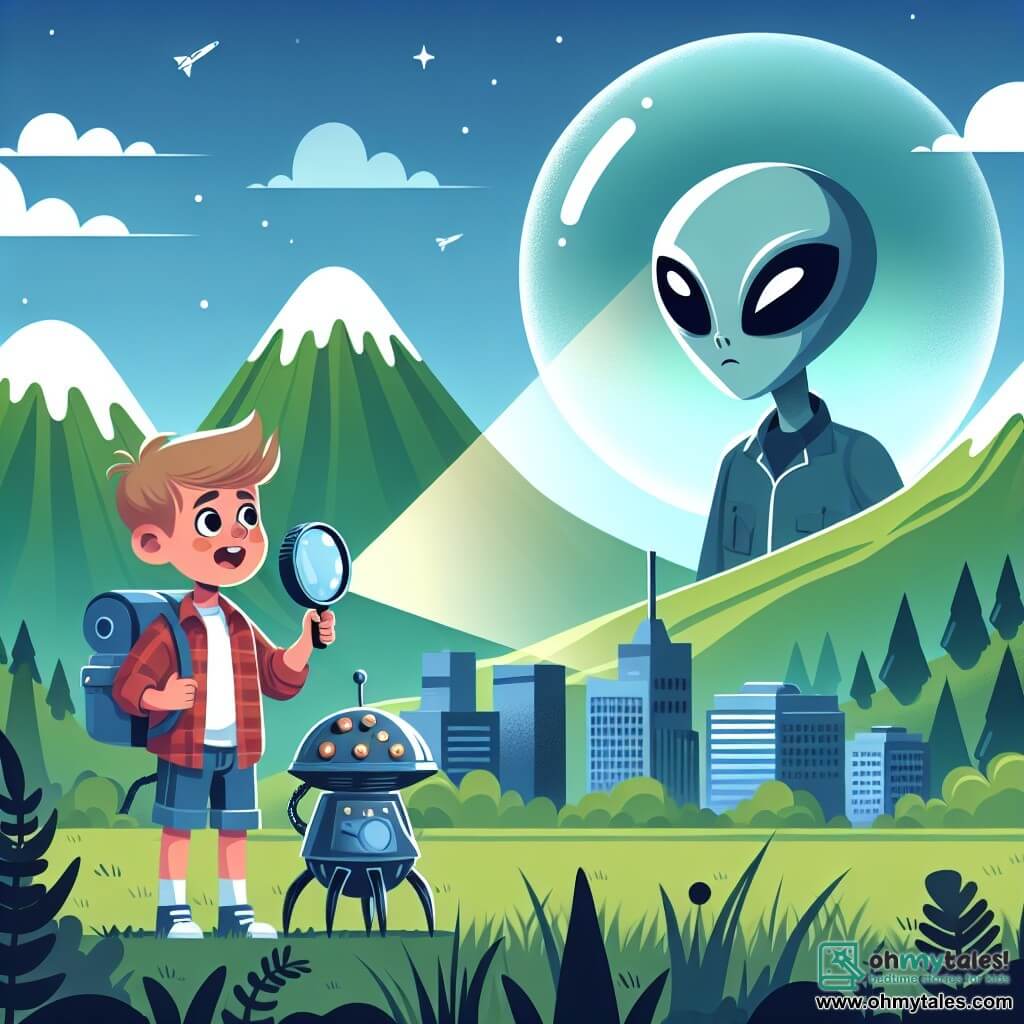 Une illustration destinée aux enfants représentant un garçon curieux et passionné par la science découvrant un signal extraterrestre mystérieux, accompagné d'une extraterrestre féminine aux yeux brillants, dans une ville paisible aux collines verdoyantes et aux forêts denses.