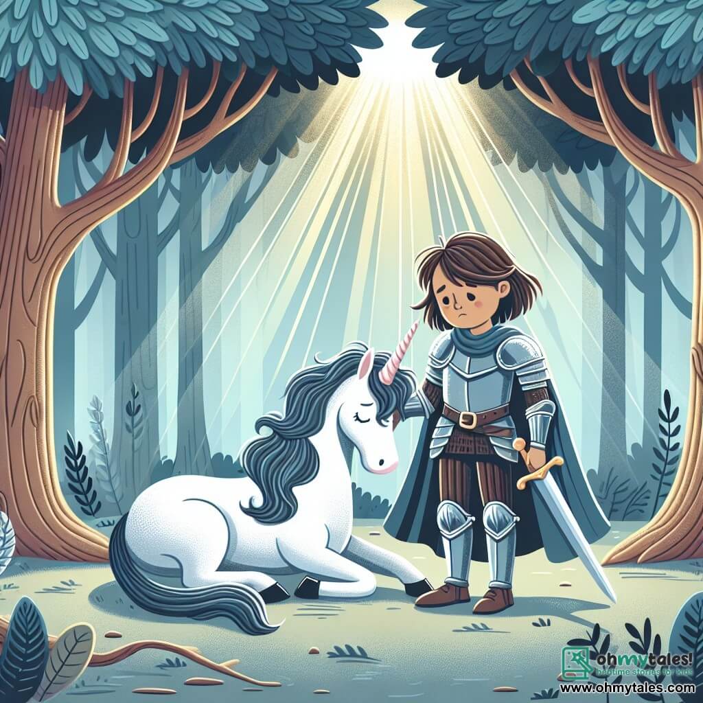 Une illustration destinée aux enfants représentant un courageux homme aux cheveux bruns, vêtu d'une armure brillante, sauvant un majestueux unicorn blessé, dans une forêt enchantée aux arbres centenaires et aux feuilles argentées, où les rayons du soleil filtrent à travers les branches.