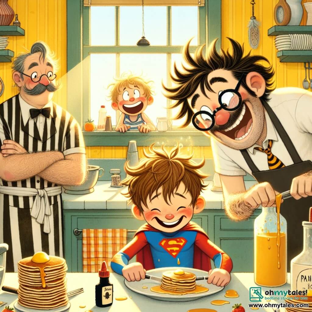 Une illustration sous forme de dessin destinée aux enfants représentant une cuisine ensoleillée aux murs jaunes, où un garçon de 9 ans aux cheveux ébouriffés et aux yeux pétillants, vêtu d'un tablier de super-héros, s'affaire à préparer une montagne de pancakes loupés, tandis qu'un homme au look amusant avec des lunettes légèrement de travers et une moustache en sirop de pancake, son père, le regarde avec un sourire fier, et un ami en uniforme de referee, portant un chapeau trop grand, s'amuse à chronométrer leur compétition de dégustation de pancakes, le tout baigné dans une atmosphère joyeuse et pleine de rires.