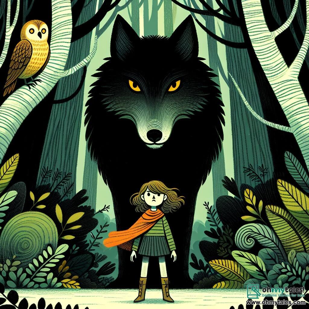 Une illustration destinée aux enfants représentant une jeune fille courageuse, entourée d'une forêt dense et mystérieuse, faisant face à un grand méchant loup, avec pour seul soutien un sage hibou perché sur son épaule.