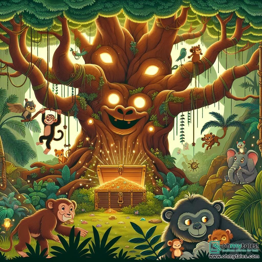 Une illustration destinée aux enfants représentant un petit singe curieux se balançant de branche en branche dans une luxuriante jungle, accompagné d'un mystérieux trésor caché et d'animaux souriants vivant en harmonie sous l'ombre d'un majestueux arbre ancien aux branches transformées en bras et aux feuilles devenues des yeux brillants.