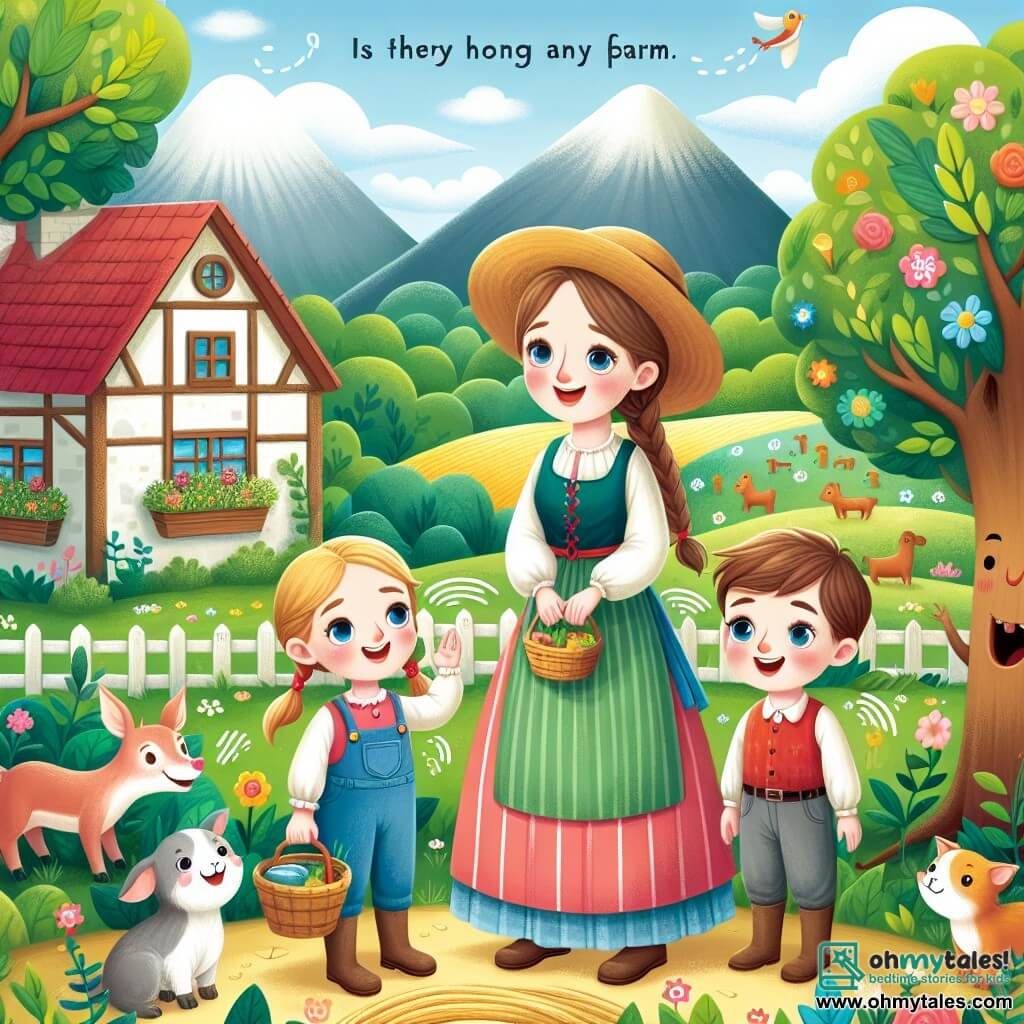 Une illustration destinée aux enfants représentant une femme agricultrice bienveillante prenant soin de sa ferme magique, accompagnée de sa nièce (fille) et de son neveu (garçon), entourés de collines verdoyantes, d'animaux joyeux et de arbres parlants, dans un petit village pittoresque.