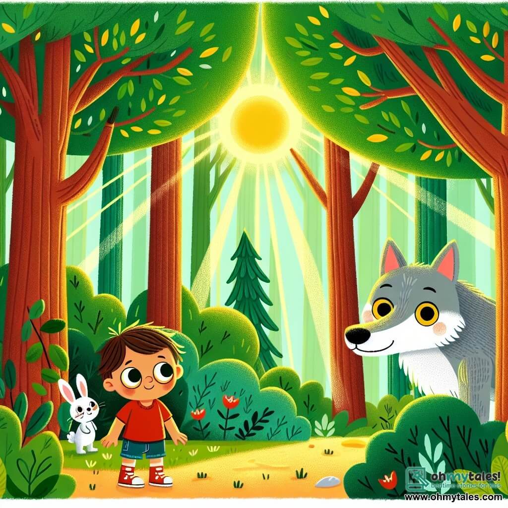 Une illustration sous forme de dessin destinée aux enfants représentant une forêt enchantée avec des arbres majestueux aux feuilles vertes éclatantes et des rayons de soleil filtrant à travers les branches, où un petit garçon de 3 ans aux yeux pétillants et aux joues rondes, portant un t-shirt rouge et un short bleu, se tient courageusement devant un grand loup au pelage gris, aux yeux jaunes curieux et au sourire timide, tandis qu'un petit lapin aux grandes oreilles et au pelage blanc se cache derrière un buisson, observant la scène avec un mélange d'inquiétude et d'espoir, illustrant le moment où le garçon tente de convaincre le loup de devenir son ami en prônant la gentillesse plutôt que la peur.