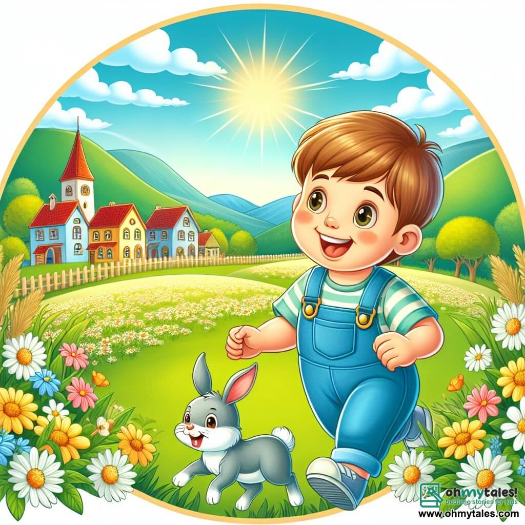 Une illustration destinée aux enfants représentant un jeune garçon vêtu de salopette bleue, souriant joyeusement, explorant une prairie fleurie avec un petit lapin comme compagnon, dans un village pittoresque bordé d'une vaste prairie verdoyante baignée de soleil printanier.