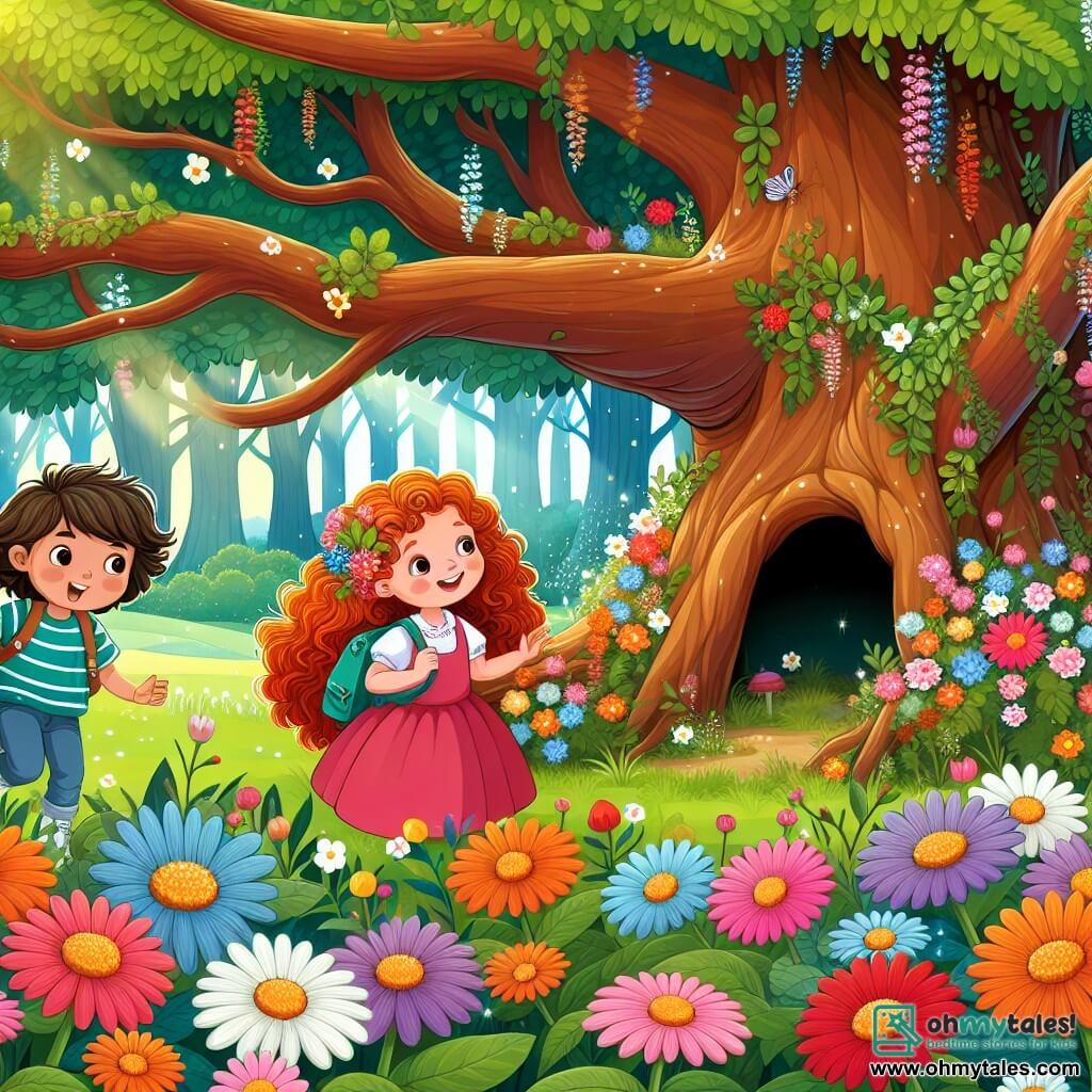 Une illustration destinée aux enfants représentant une fillette aux cheveux roux bouclés, une nouvelle amie aux cheveux longs bruns, découvrant un abri secret caché sous un arbre majestueux dans une clairière enchantée aux fleurs sauvages multicolores.