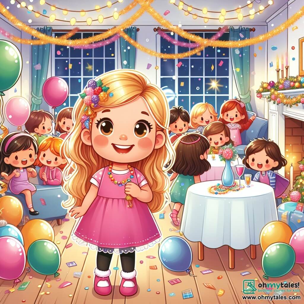 Une illustration destinée aux enfants représentant une petite fille joyeuse et curieuse, entourée de ses amis, lors d'une fête du nouvel an dans une maison joliment décorée avec des ballons colorés, des guirlandes scintillantes et des confettis éparpillés partout.