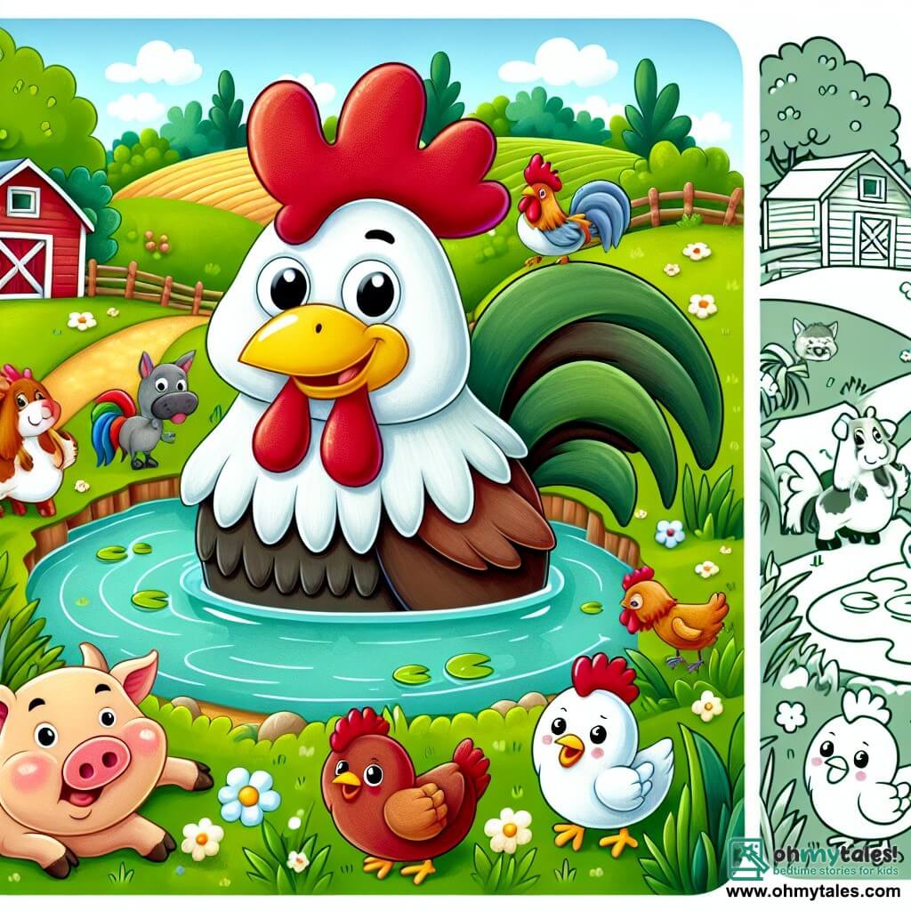 Une illustration destinée aux enfants représentant un coq farceur, accompagné d'un joyeux groupe d'animaux, dans une ferme pittoresque entourée de champs verdoyants et d'un étang scintillant.
