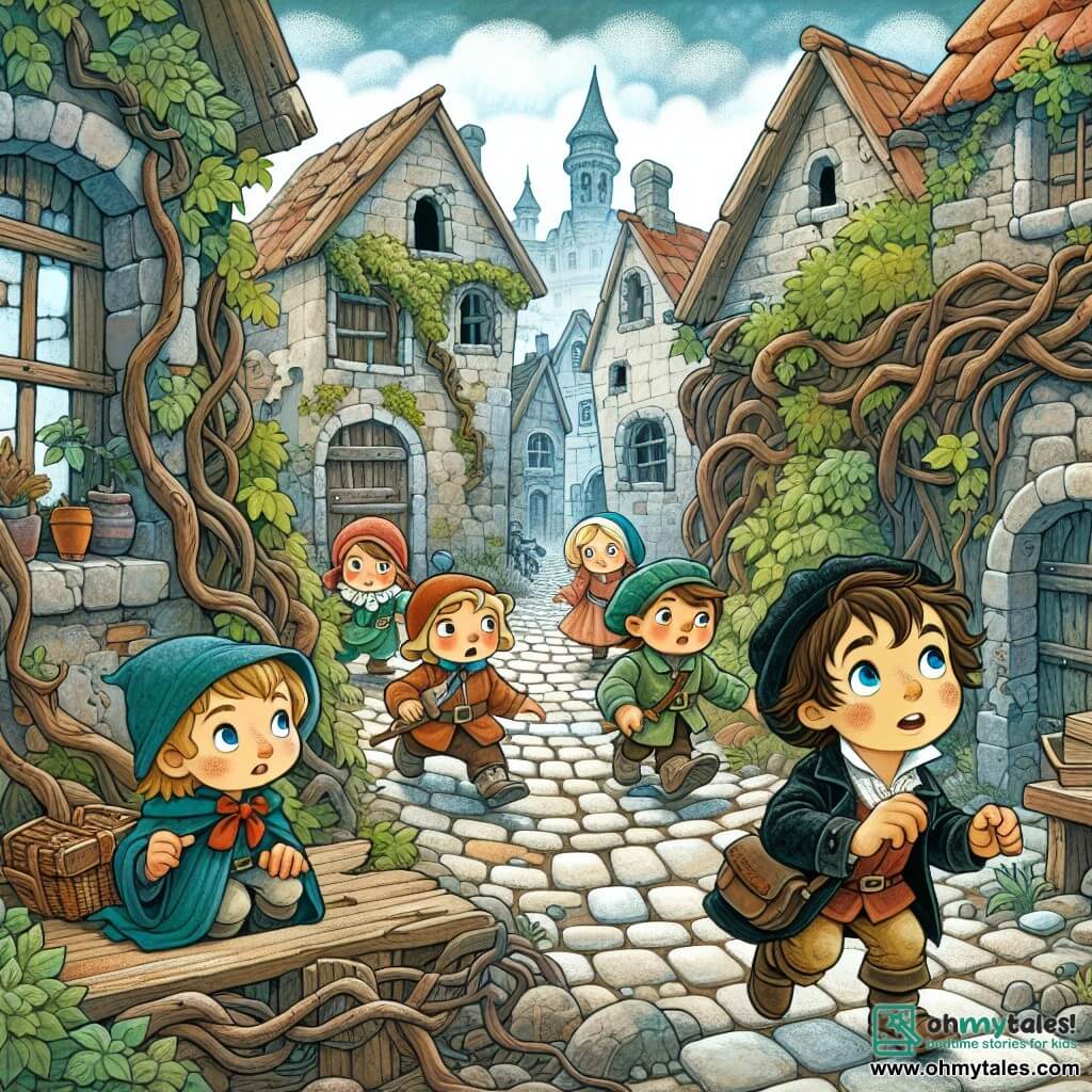 Une illustration destinée aux enfants représentant un petit garçon courageux, accompagné de ses amis aventuriers, explorant un mystérieux village abandonné aux portes de la ville, où les ruelles pavées serpentent entre des maisons en ruines recouvertes de vignes sauvages et des haies taillées en formes étranges.