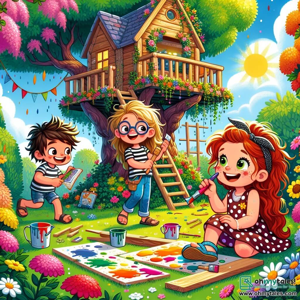 An illustration depicting a sunny garden with a large, colorful treehouse surrounded by vibrant flowers and lush trees. In the foreground, a 7-year-old girl with curly red hair, wearing a polka dot dress and sandals, is painting wooden planks with bright colors, her face lit up by a big smile. Next to her, an 8-year-old boy with messy brown hair and a striped t-shirt holds a hammer and watches with amusement, while a 7-year-old girl with long braided hair and glasses browses a DIY book, looking focused. The scene conveys a joyful and dynamic atmosphere, with splashes of colorful paint on the ground and scattered tools around them, symbolizing their enthusiasm and teamwork in building their amazing treehouse.