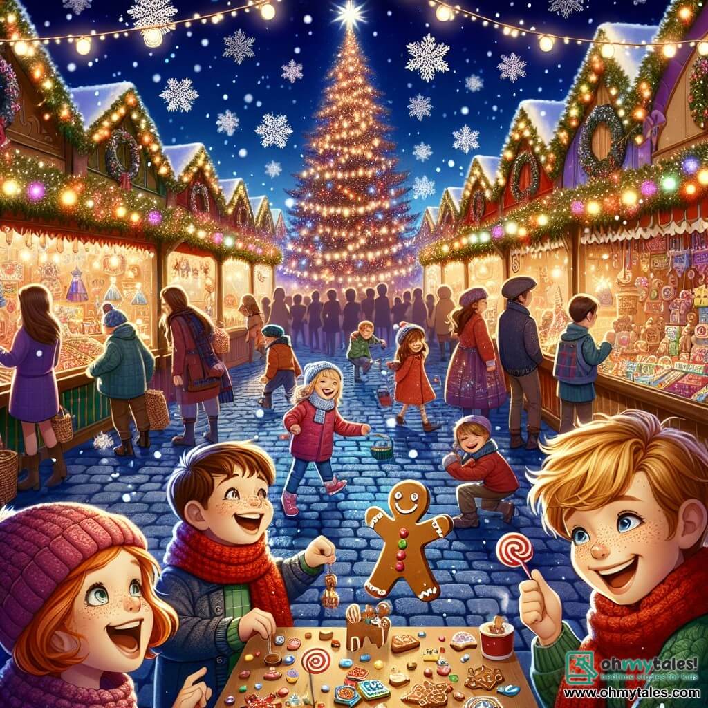 An illustration depicts a lively Christmas market, featuring colorful stalls adorned with twinkling lights. Snowflakes gently fall on the cobblestone ground, creating a magical atmosphere. In the center, a large Christmas tree shines brightly, surrounded by amazed children. A 12-year-old boy with messy blond hair and a bright smile wears a vivid red scarf and admires a wooden toy stall. Next to him, a 12-year-old girl with curly auburn hair and freckles decorates a gingerbread man with colorful candies, her face beaming with joy. The scene captures the spirit of camaraderie and wonder, as children laugh and play amidst the festive market atmosphere. In the background, other children play around a lit carousel, while smiling adults mingle in the crowd, enjoying hot beverages. Snowflakes dance in the air, adding a magical touch to this joyful Christmas celebration.