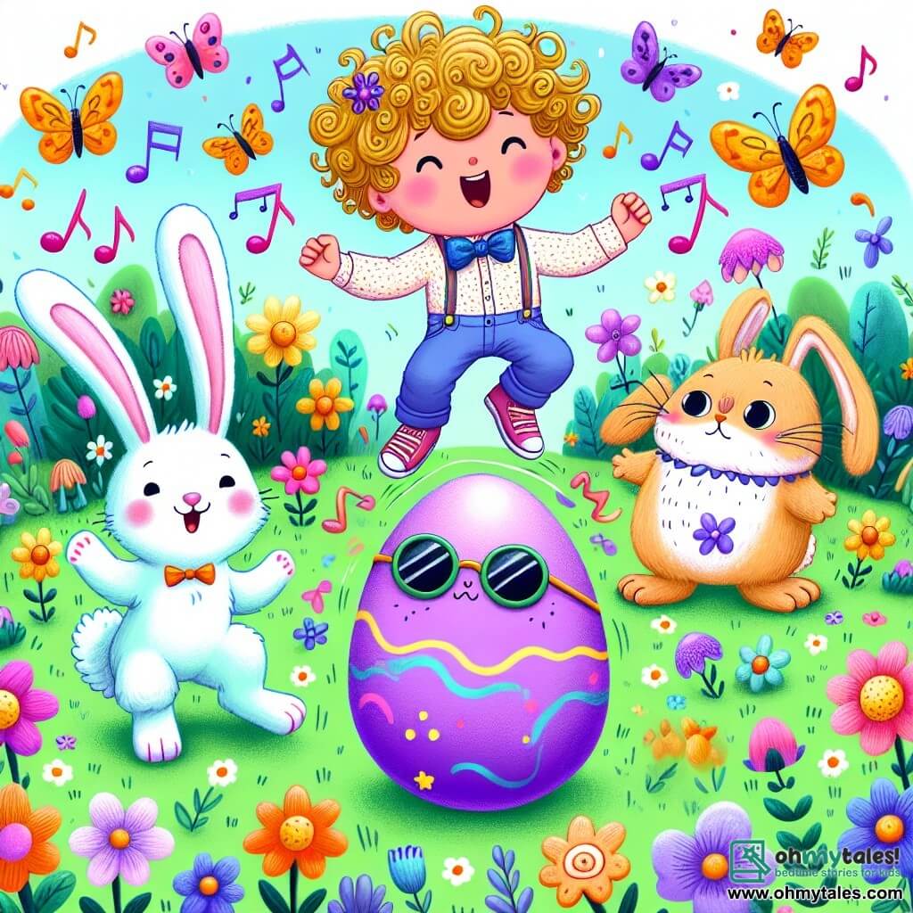 Une illustration sous forme de dessin destinée aux enfants représentant un champ coloré rempli de fleurs dansantes et de papillons chantants, avec un garçon de 3 ans aux cheveux bouclés et dorés, riant aux éclats en sautant sur un œuf violet rebondissant, tandis qu'un lapin fluffy portant des lunettes de soleil et un nœud papillon fait des pirouettes à côté de lui, et un petit oiseau grincheux aux plumes bleues observe la scène avec curiosité, le tout dans une atmosphère joyeuse et loufoque, où la magie et le rire se mêlent.