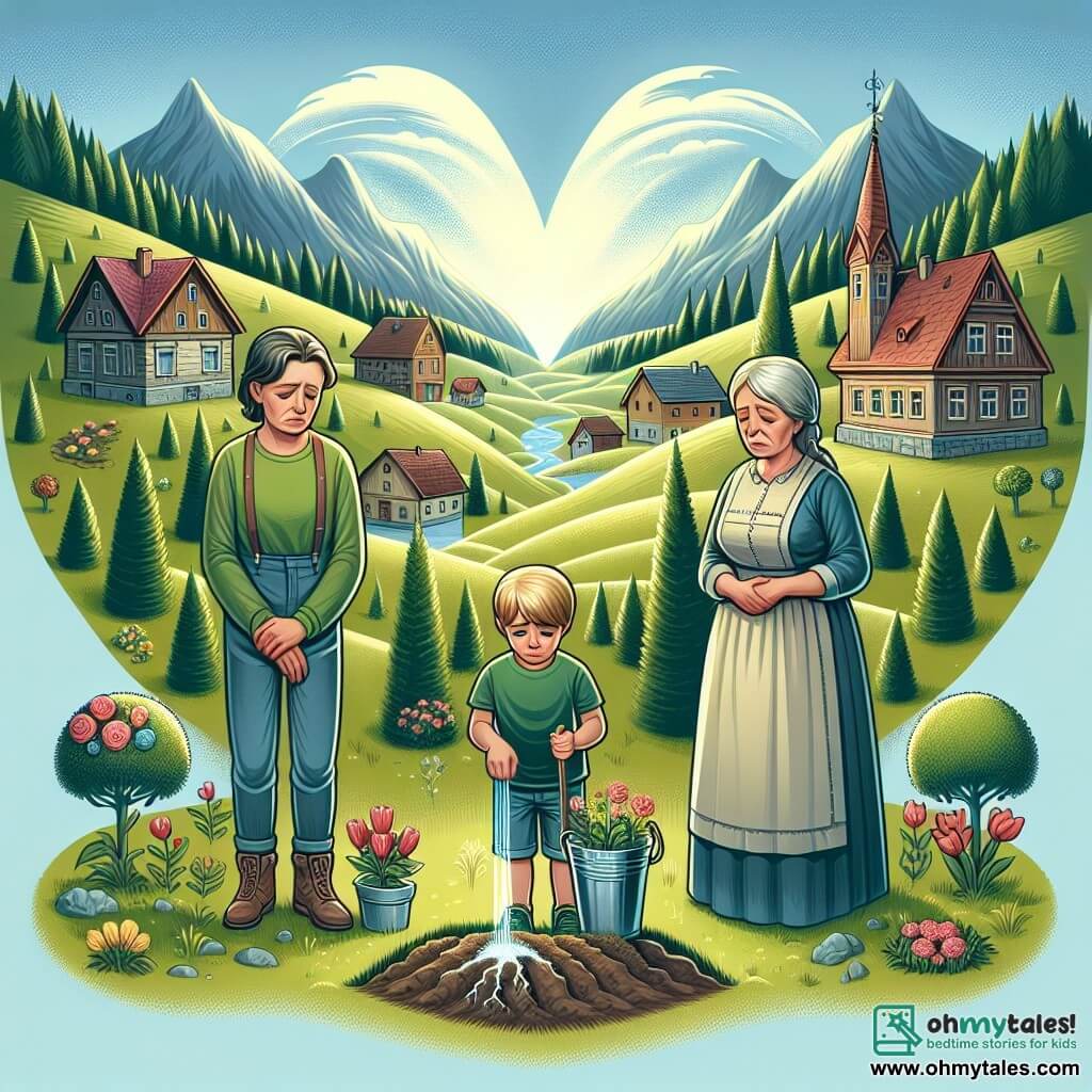 Une illustration destinée aux enfants représentant un garçon au cœur brisé par le départ de sa grand-mère, accompagné de ses parents, dans une petite ville paisible entourée de collines verdoyantes et de prairies luxuriantes, où il crée un magnifique jardin en hommage à sa grand-mère décédée.